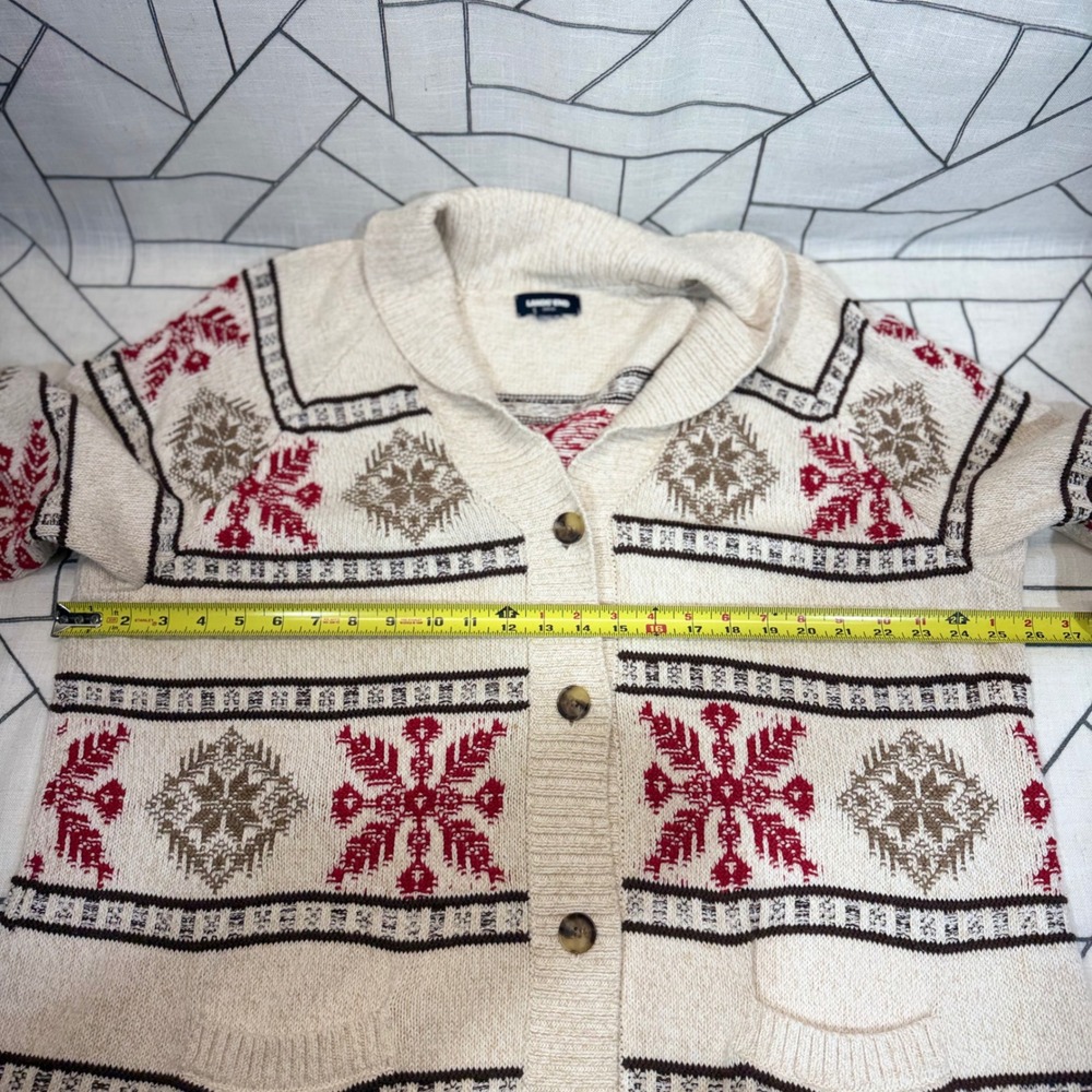 Lands End Cardigan Sweater XL Cream Snowflake Fair Isle Drifter Shawl Collar - Picture 3 of 6